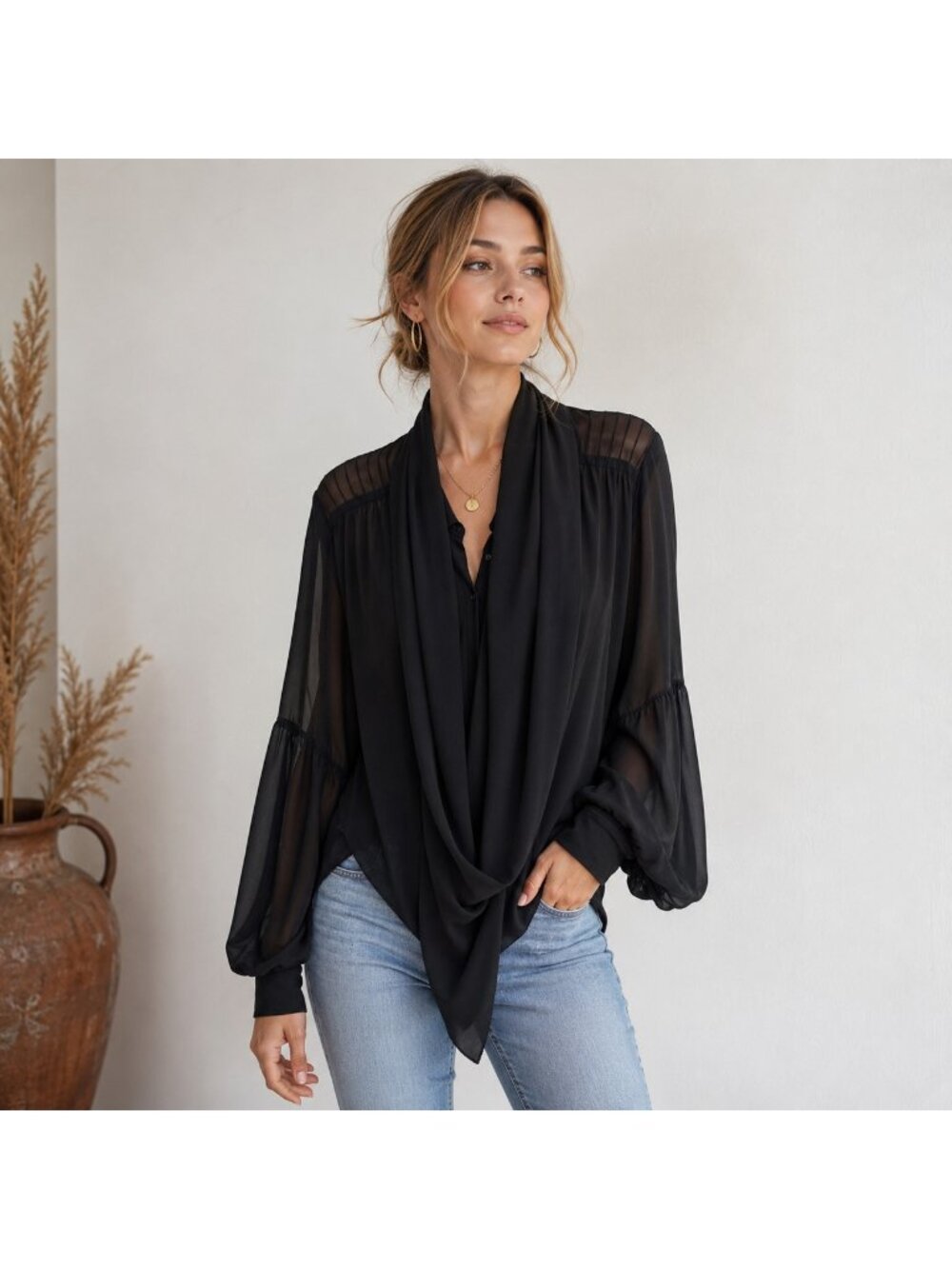 Diane Von Furstenberg Black Silk Italian Widow Sheer Blouse 8/M